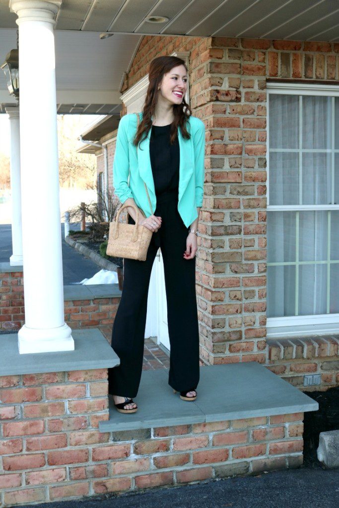 Black jumpsuit with teal blazer and cork Dagne Dover | Business Casual on Coming Up Roses