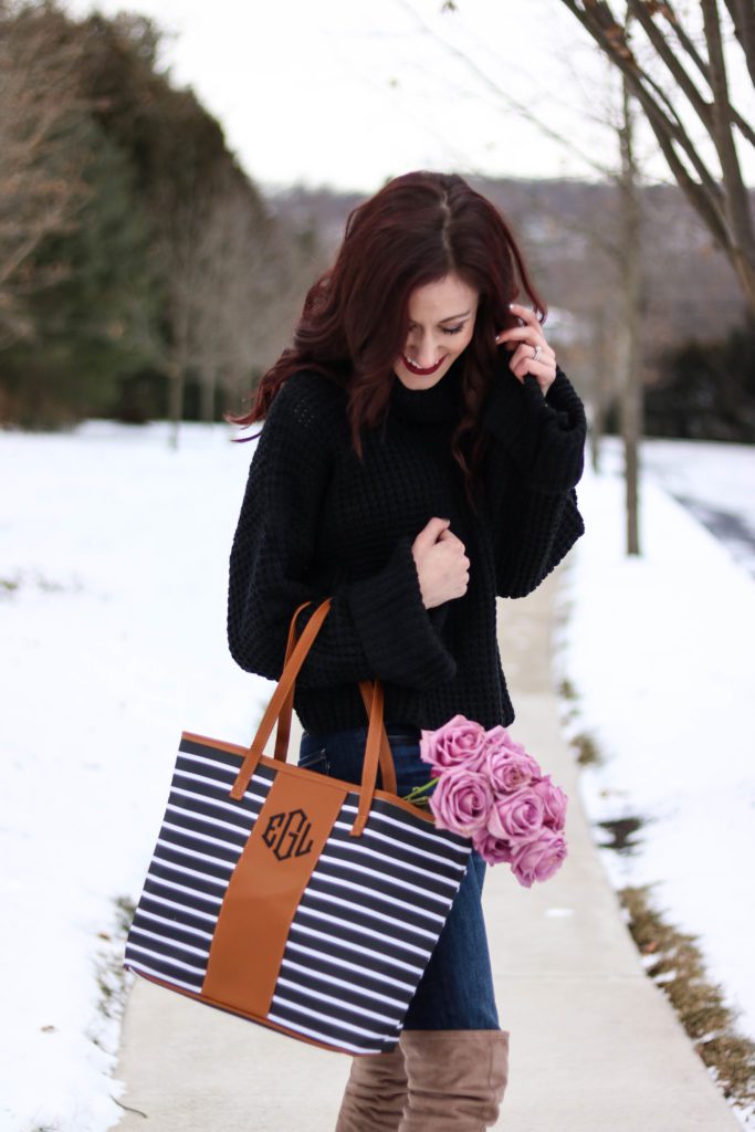 Chunky knit sweater, monogrammed bag, cute winter outfit - #AskE series - #AskE by popular Philadelphia style blogger Coming Up Roses