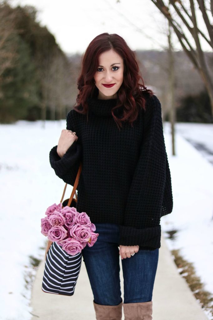 Chunky knit sweater, monogrammed bag, cute winter outfit - #AskE series