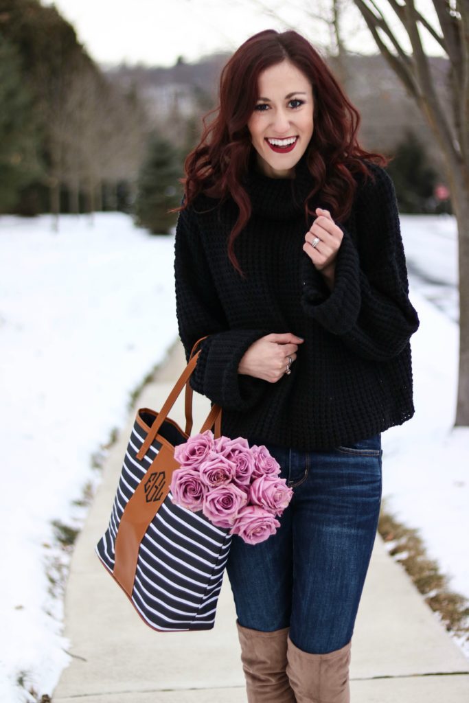 Chunky knit sweater, monogrammed bag, cute winter outfit - #AskE series - #AskE by popular Philadelphia style blogger Coming Up Roses