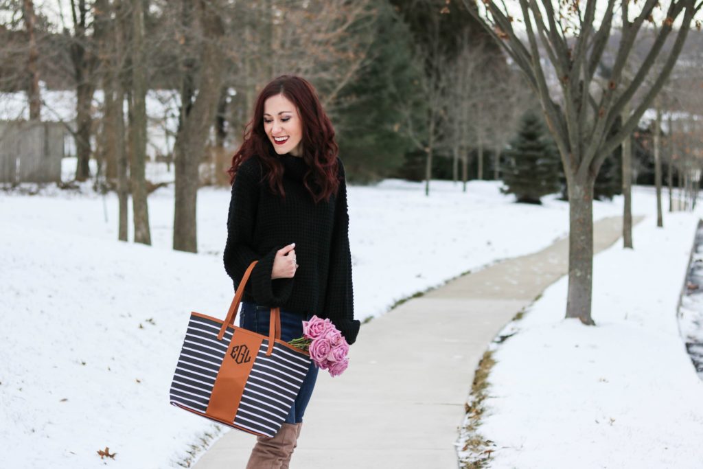 Chunky knit sweater, monogrammed bag, cute winter outfit - #AskE series - #AskE by popular Philadelphia style blogger Coing Up Roses
