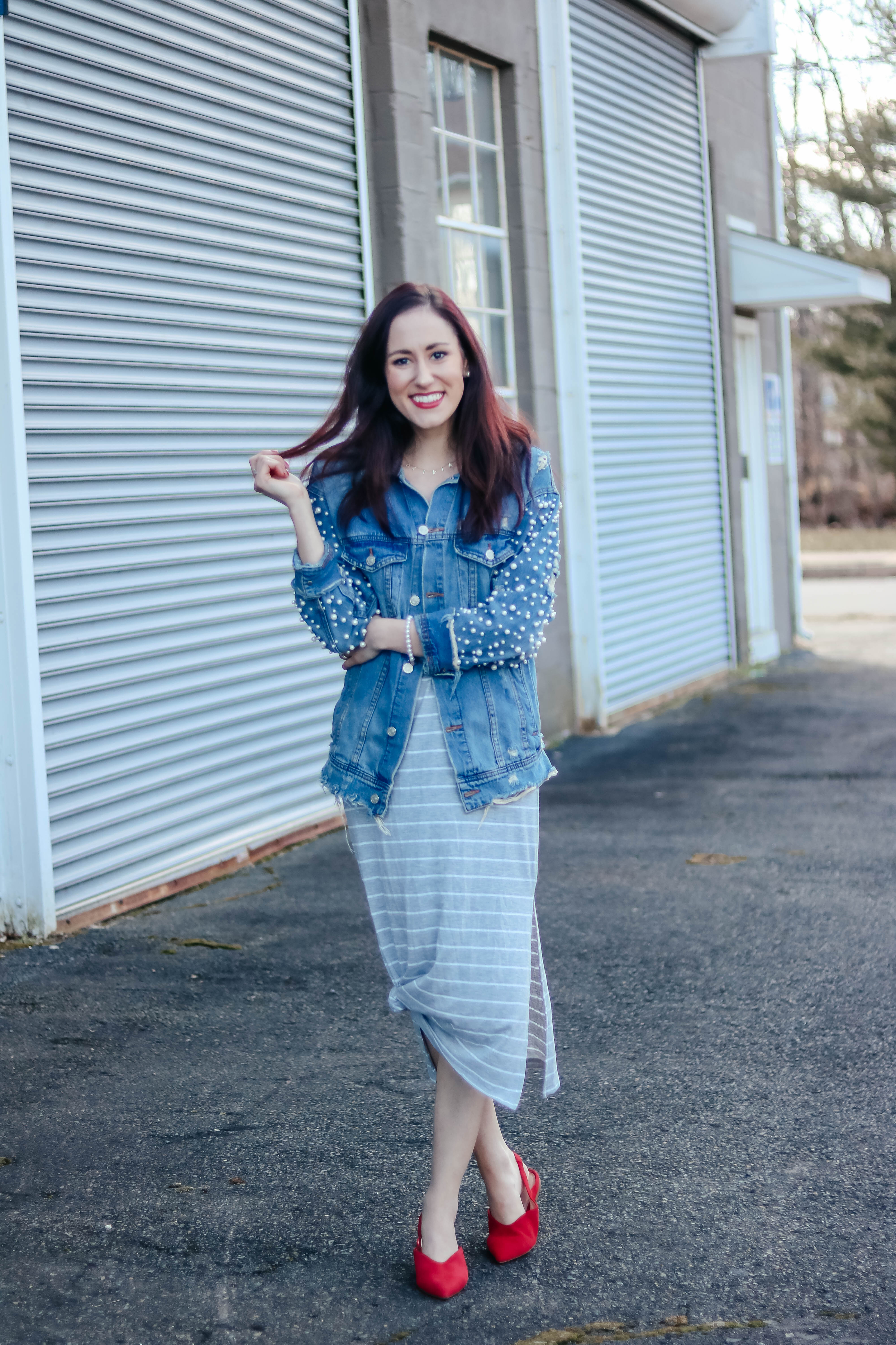 CURRENTLY I'M... Pearl jean jacket and striped midi dress - casual spring style on Coming Up Roses
