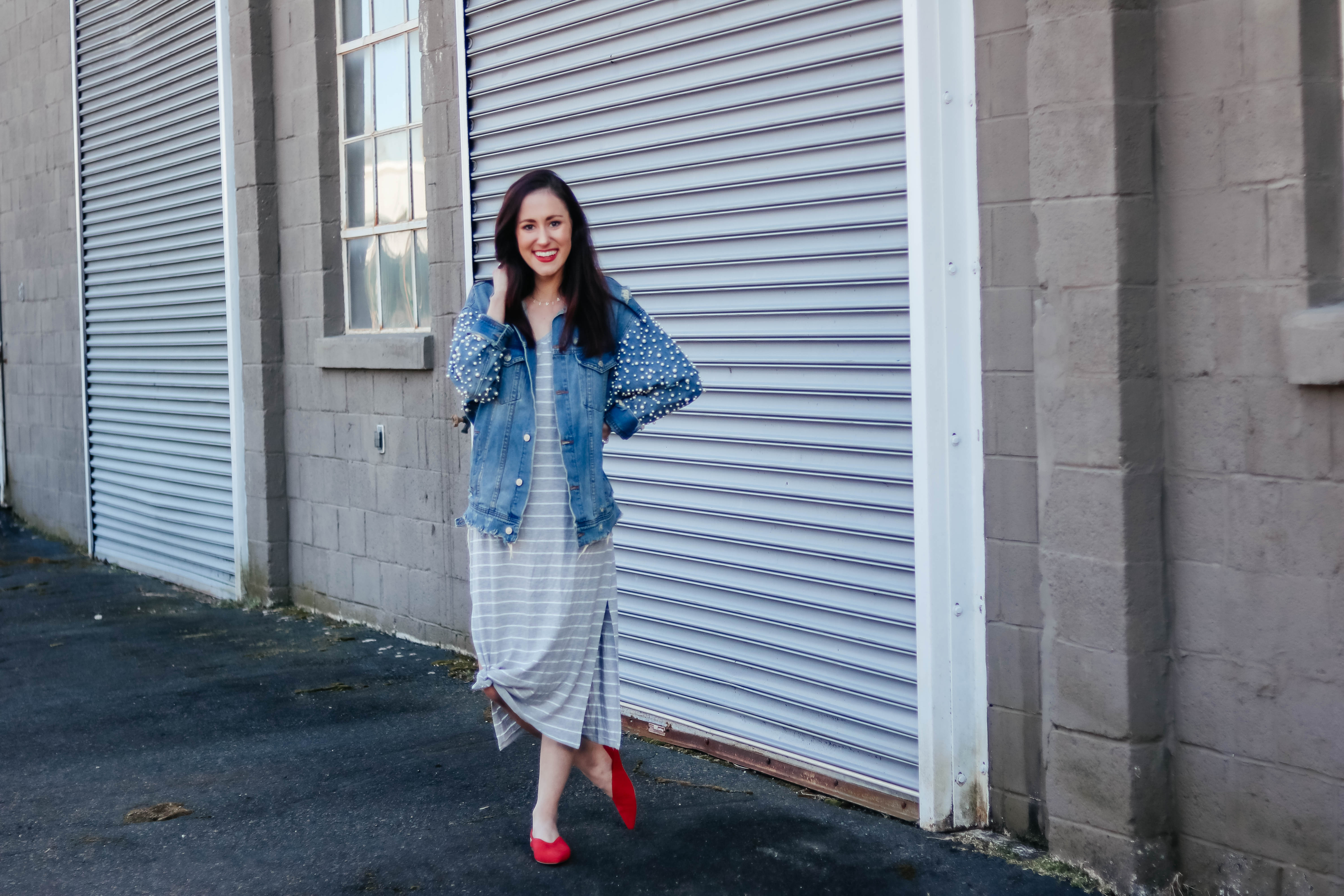 CURRENTLY I'M... Pearl jean jacket and striped midi dress - casual spring style on Coming Up Roses