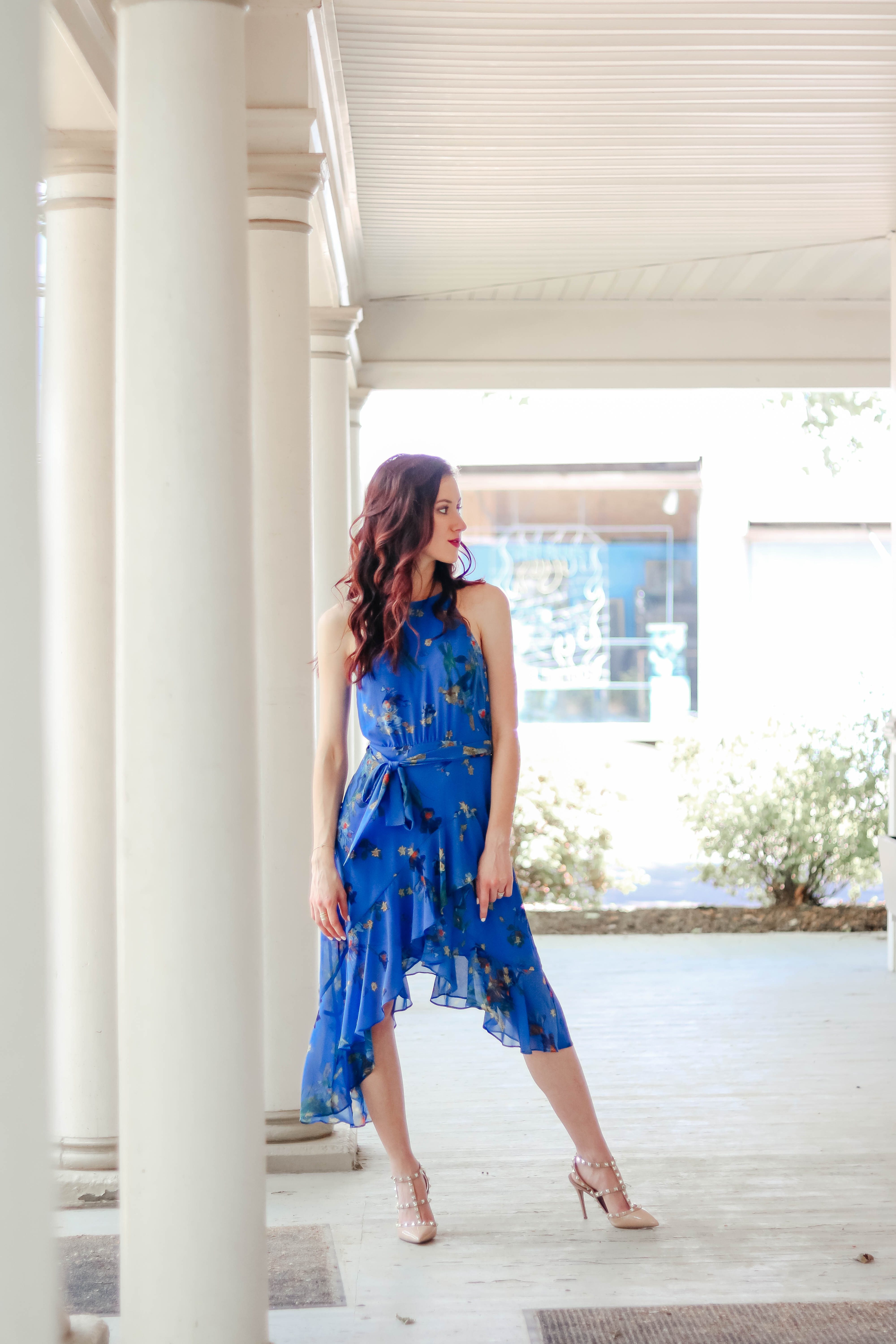 What to Wear to a Summer Wedding - This blue, floral watercolor dress is perfect if you're a summer wedding guest in need of a dress! + Valentino Rockstud dupes on Coming Up Roses