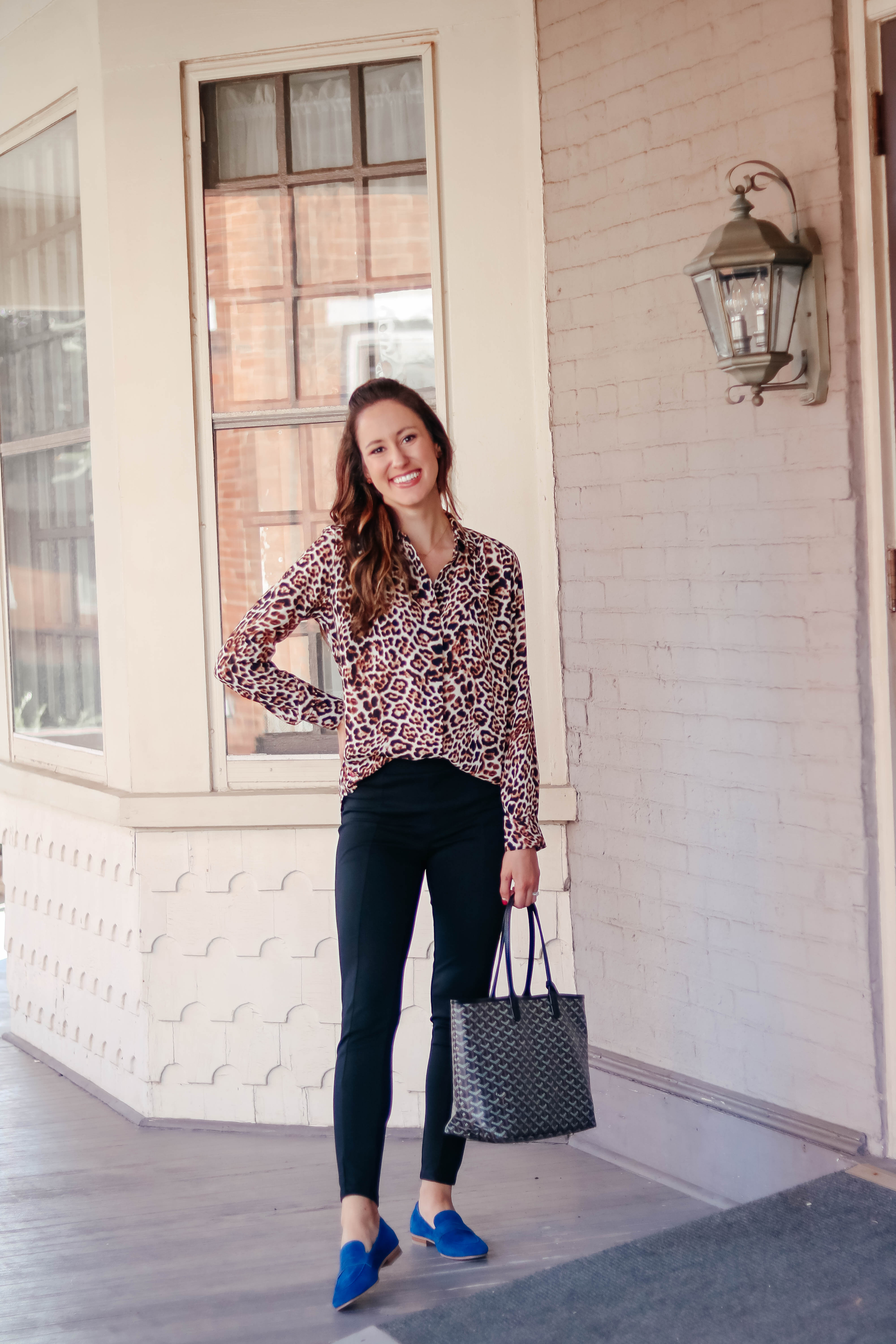Leopard blouse work outfit on Coming Up Roses