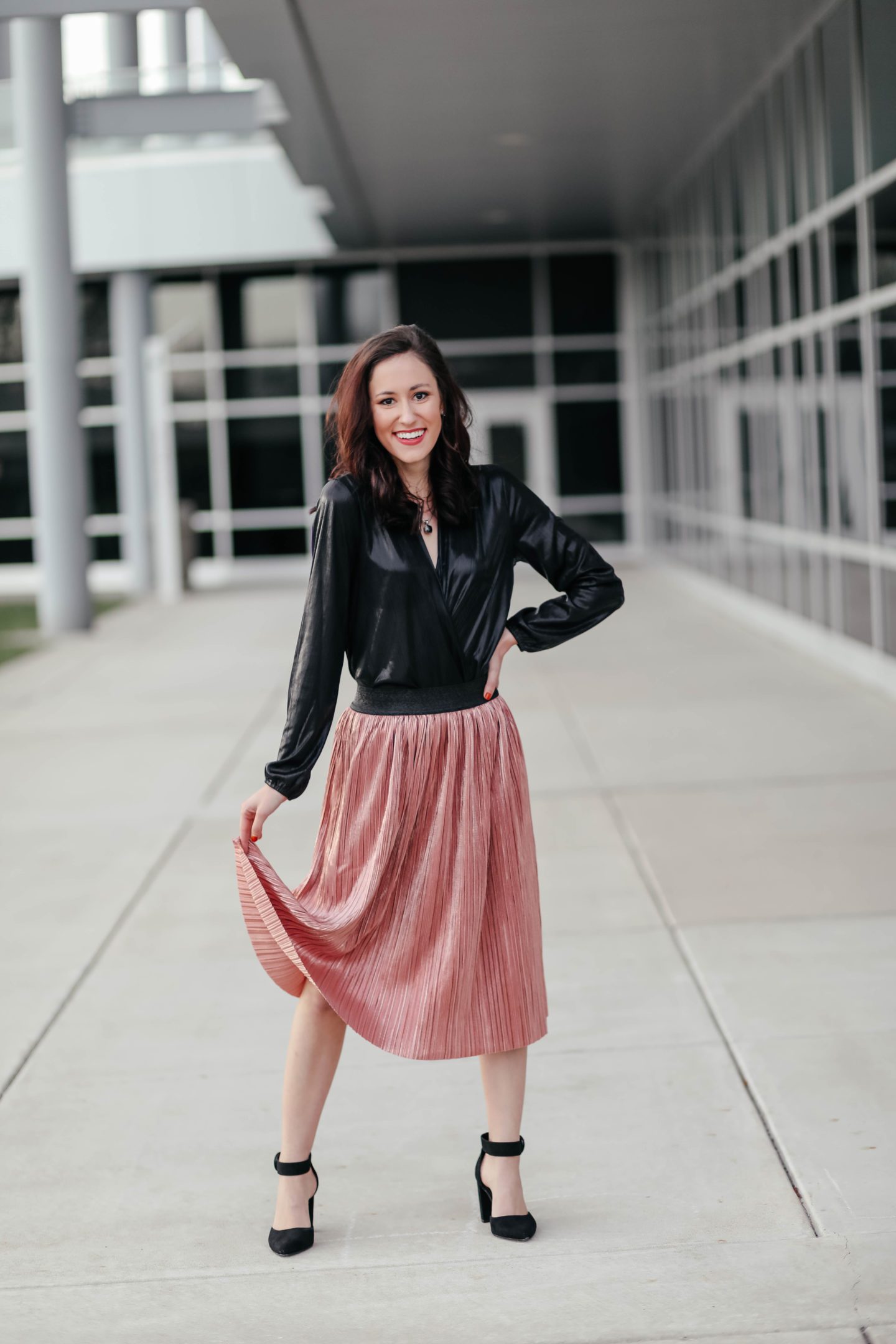 This AFFORDABLE Holiday Outfit is UNDER $80 TOTAL - you won't believe where it's all from! Pleated skirt, metallic bodysuit, and classic black pumps, all from Walmart - on Coming Up Roses