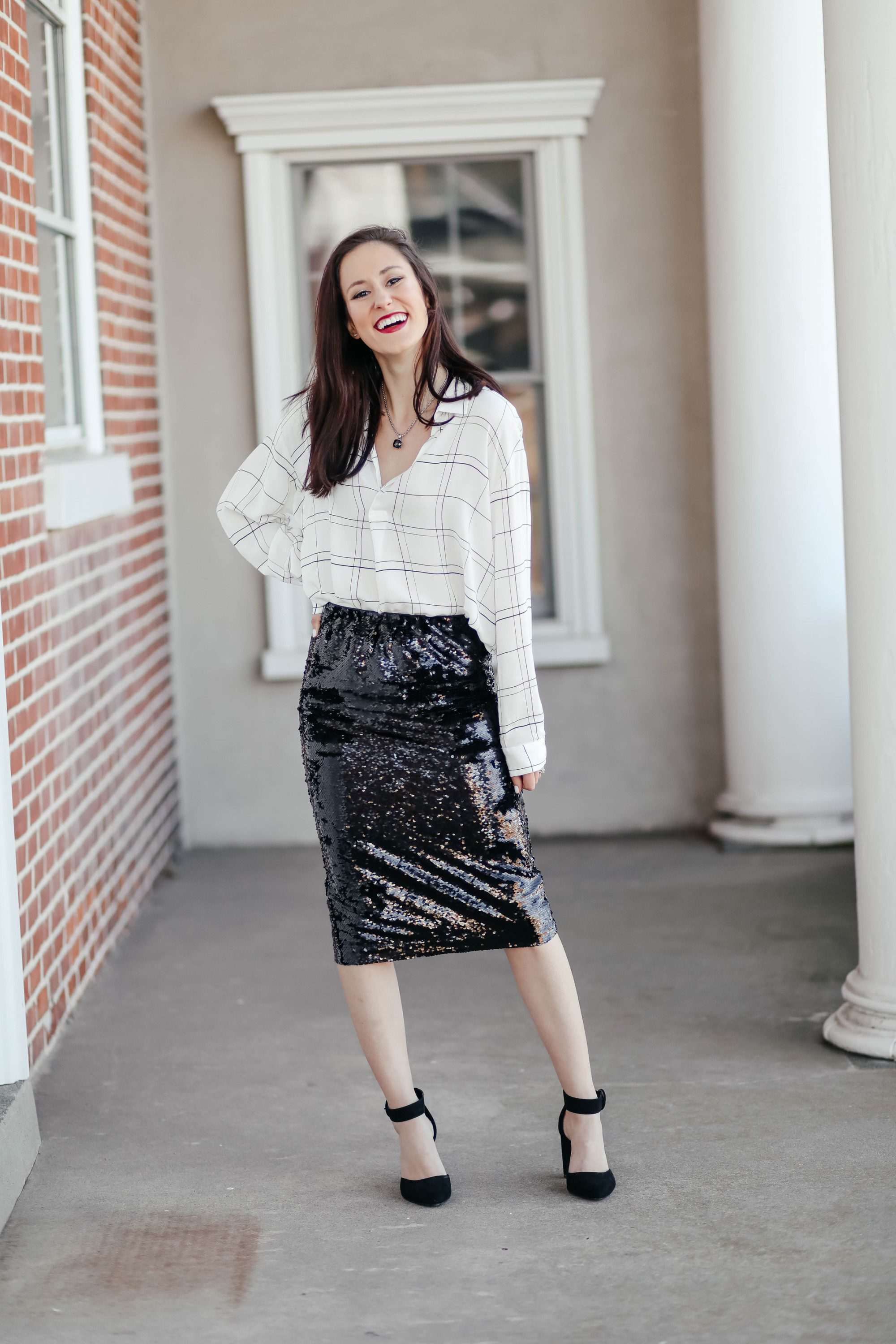 3 WAYS TO WEAR A SEQUIN MIDI SKIRT - 1 Thing, 3 Ways on Coming Up Roses, with an affordable Walmart find (this $39 skirt is perfect for the holidays!)
