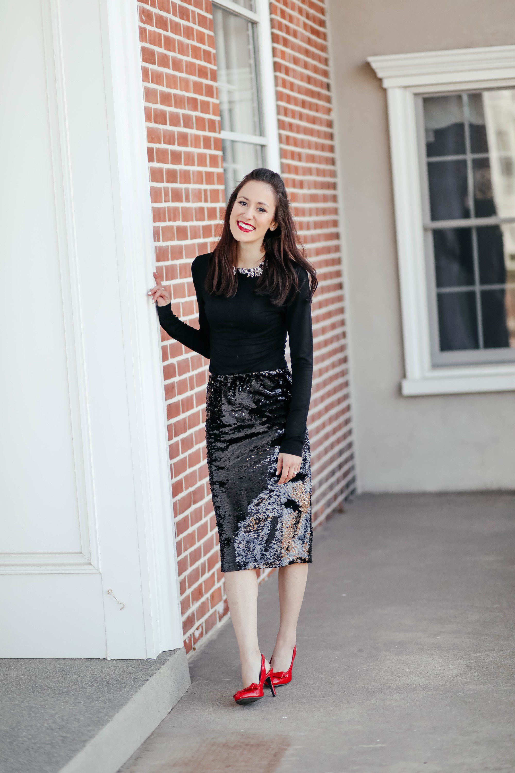 3 WAYS TO WEAR A SEQUIN MIDI SKIRT - 1 Thing, 3 Ways on Coming Up Roses, with an affordable Walmart find (this $39 skirt is perfect for the holidays!)