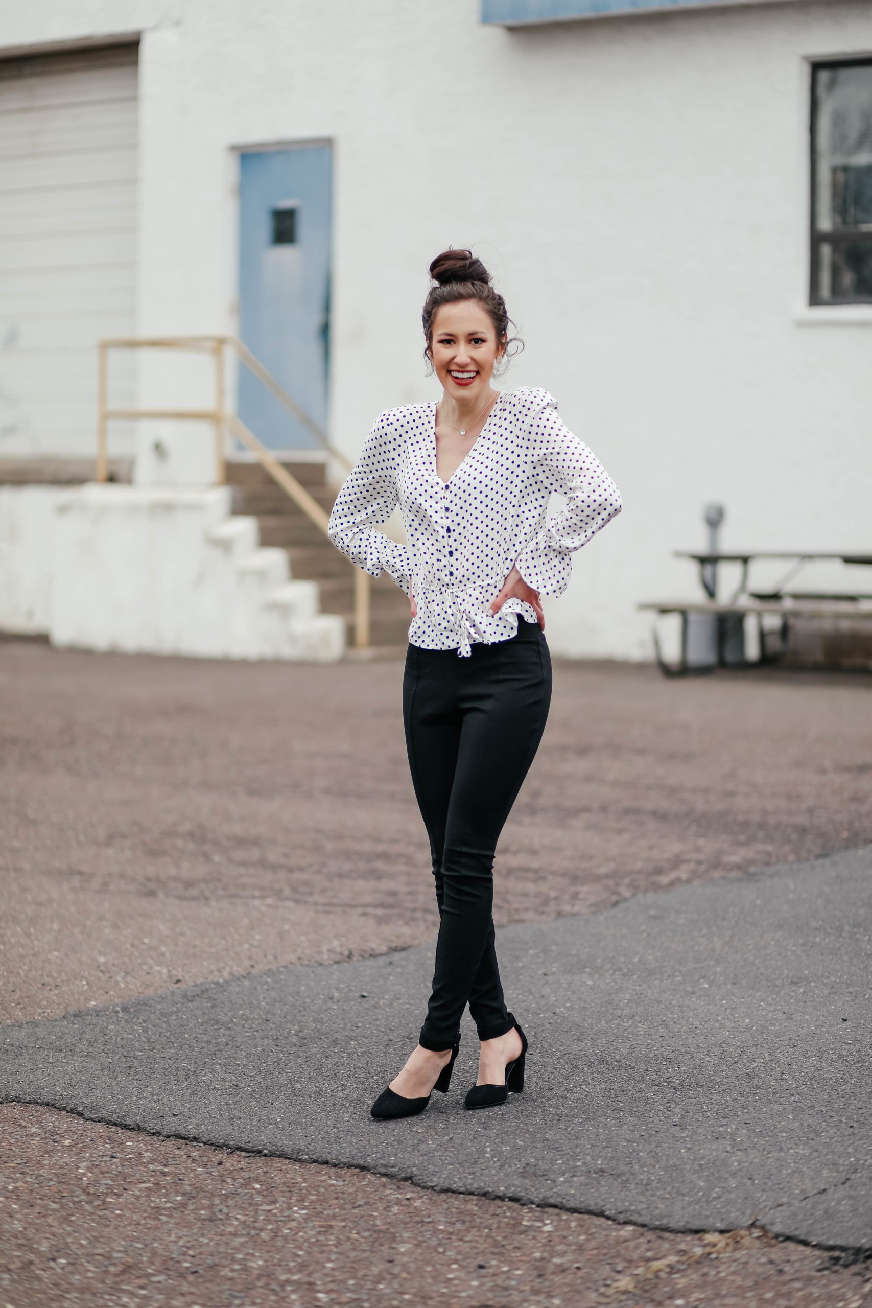 From Desk to Drinks: Polka Dot Blouse + Ponte Pants - Affordable Workwear on Coming Up Roses (UNDER $30 OUTFIT!!!)