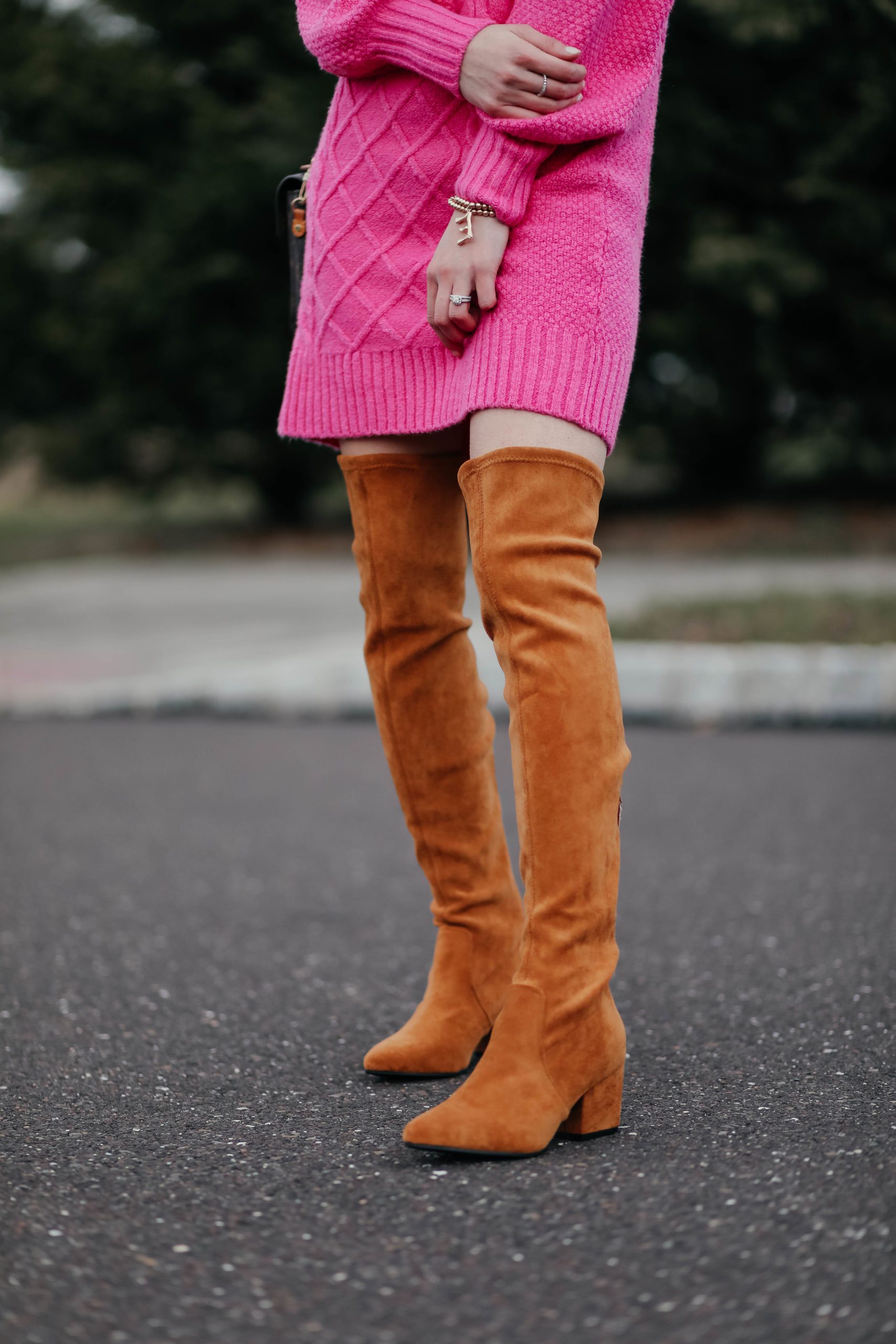 Pink Sweater Dress - Sweater Dress Outfit, American Eagle sweater dress, Goodnight Macaroon over-the-knee boots, #AskE Q&A post on Coming Up Roses