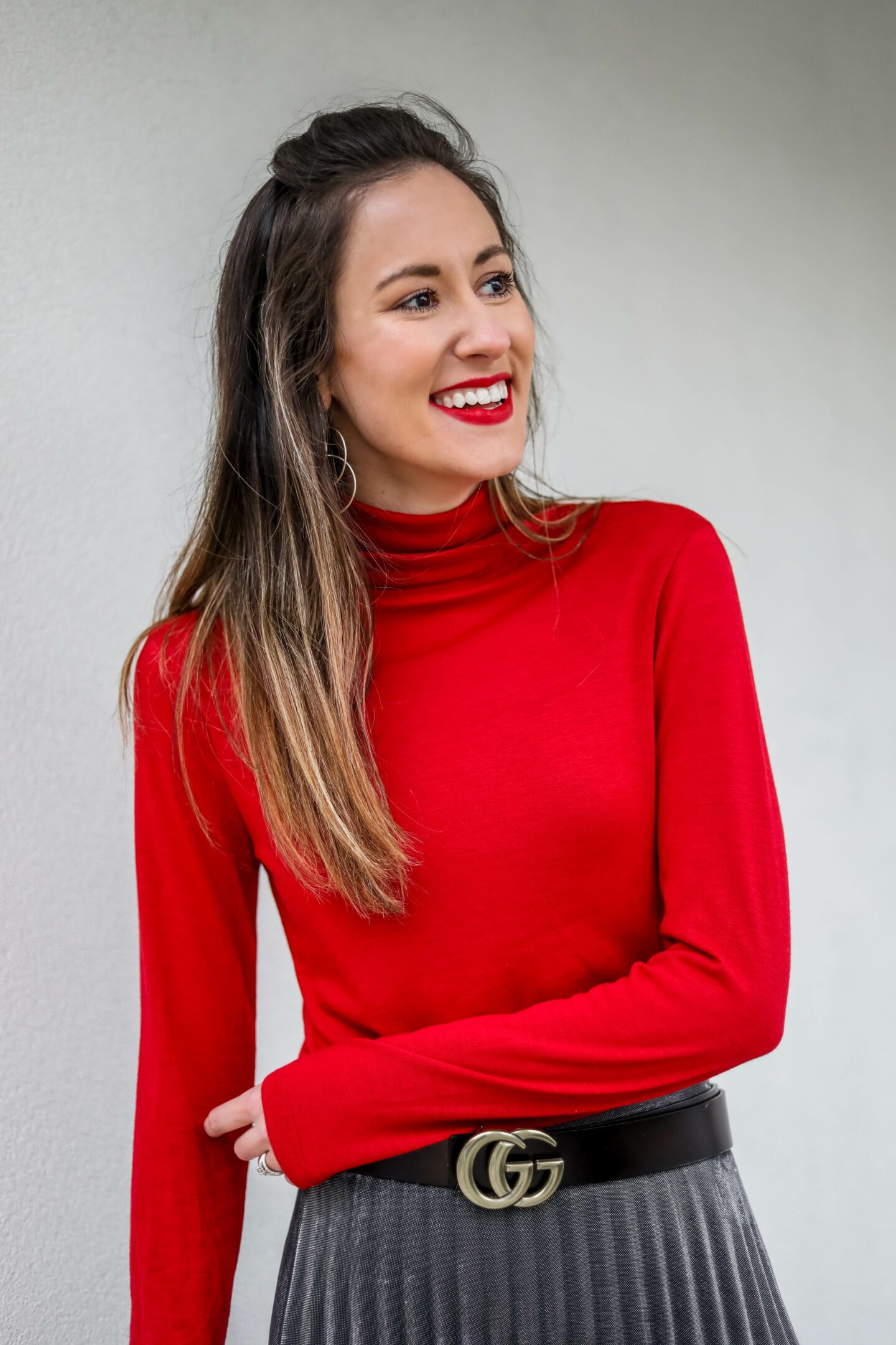 red turtleneck outfit - on Coming Up Roses