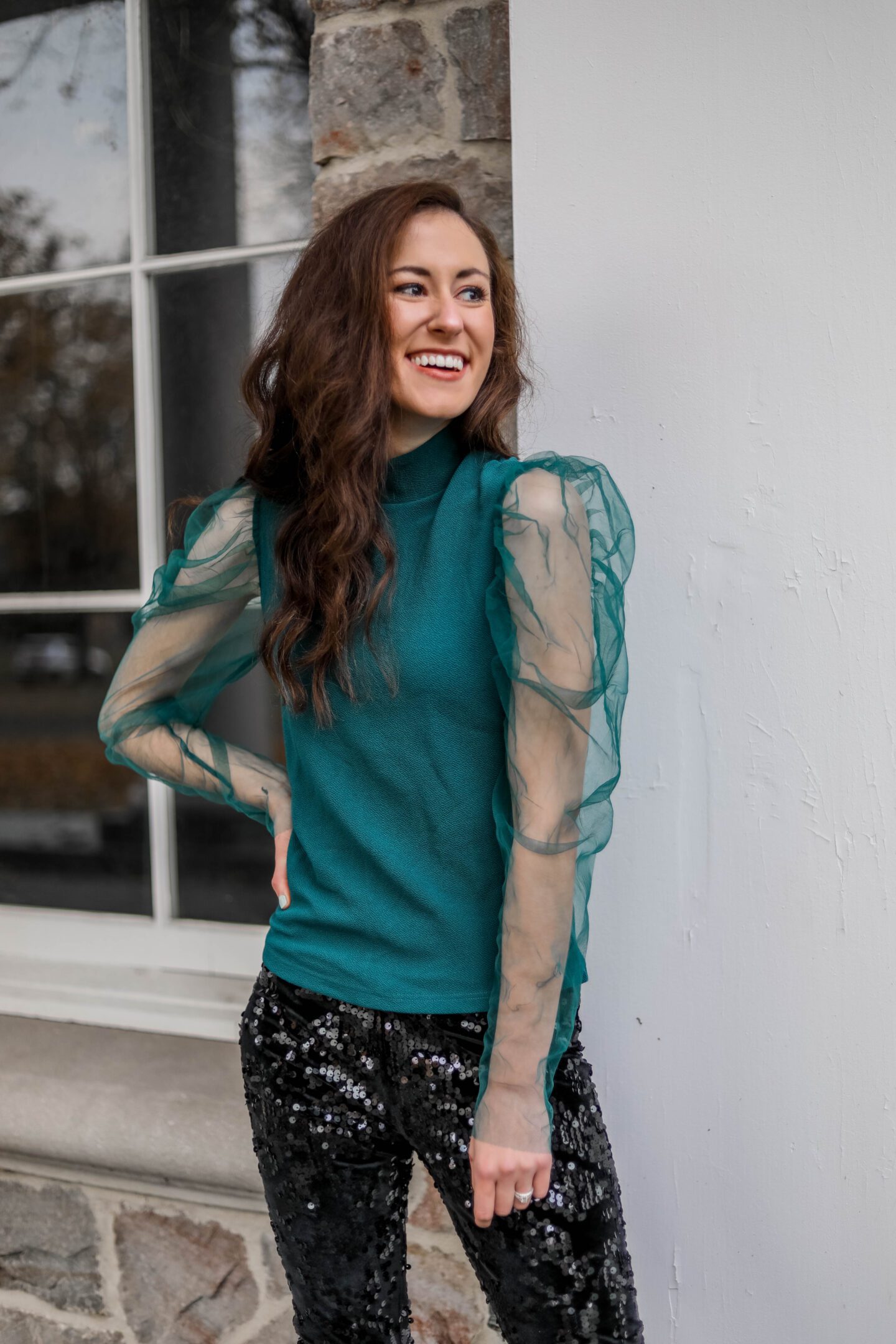 $20 Amazon top - sheer puff sleeves for the holidays!