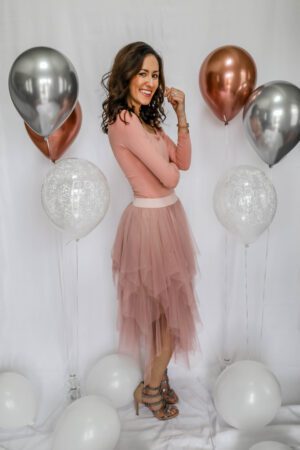 Pink tulle skirt birthday photoshoot, rose gold balloons- on Coming Up Roses