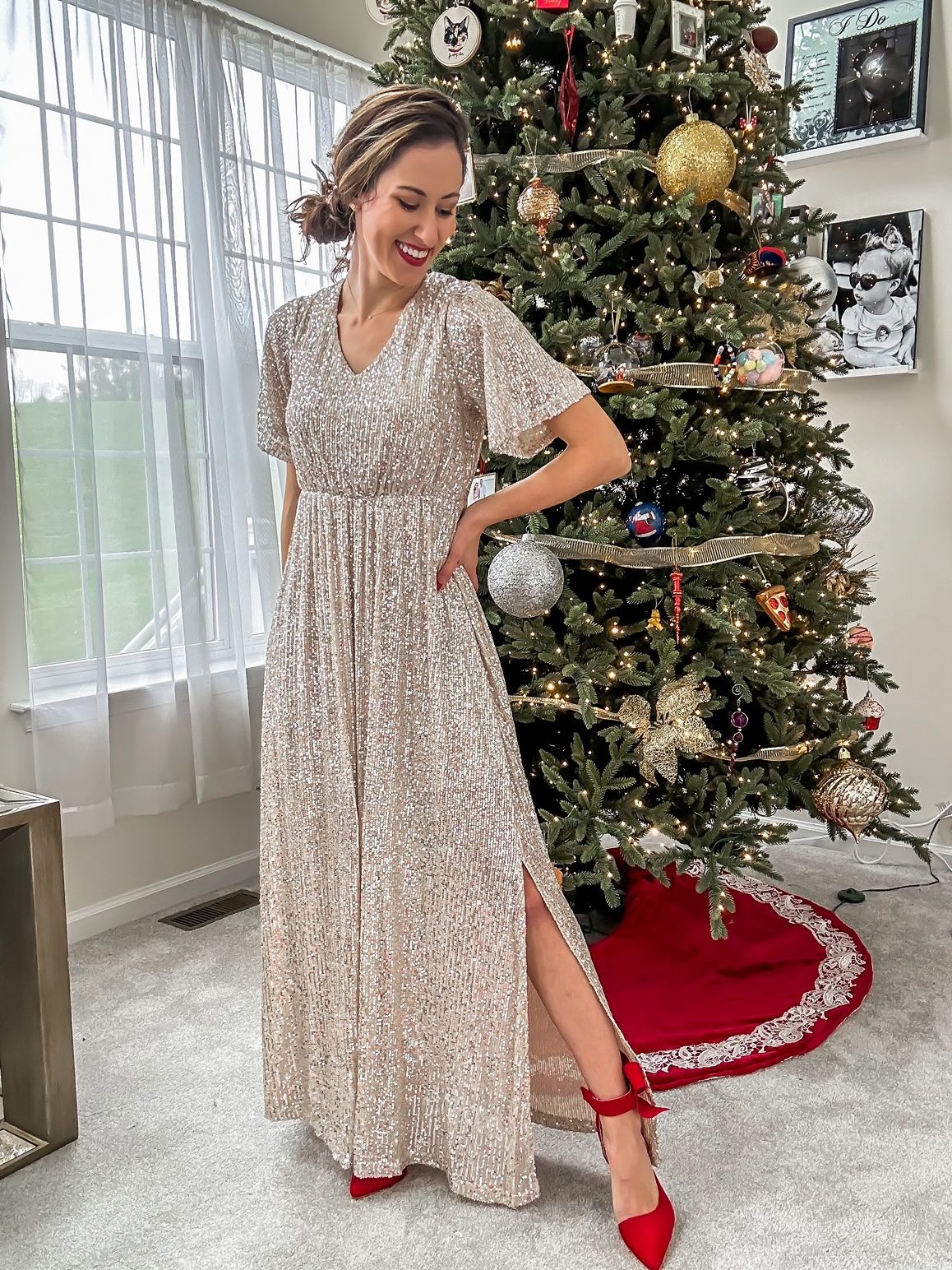 Festive Holiday Outfit Ideas - sequin maxi dress outfit idea on Coming Up Roses